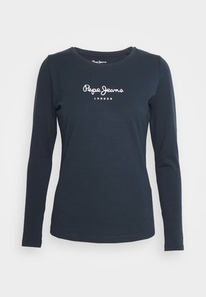 T-shirt a maniche lunghe blu navy in cotone con scollo rotondo. Presenta il logo bianco "Pepe Jeans London" sul davanti.