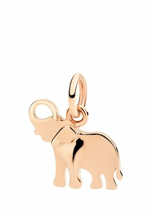 Elefantenförmiger Anhänger aus Roségold mit erhobenem Rüssel, angebracht an einem glatten, runden Ring für Schmuck.