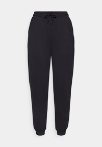 Svart bomullssweatpants med elastisk midje, justerbar snøring, sidelommer og ribbede mansjetter. Glatt tekstur, uformell design.