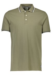 Polo verde oliva in cotone, con colletto classico, patta con tre bottoni e accenti a righe sulle maniche.