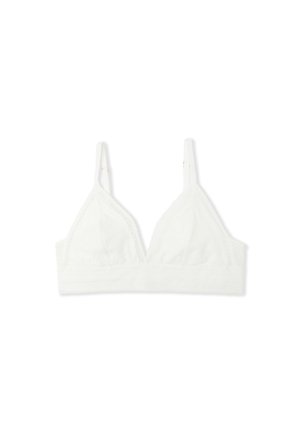 Bralette in pizzo bianco con coppe triangolari, spalline regolabili e una finitura morbida e testurizzata. Delicati bordi decorativi arricchiscono il design.