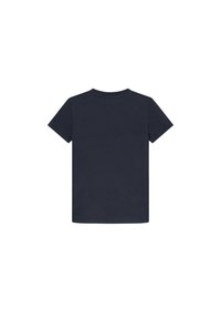 Camiseta de algodón azul marino, de mangas cortas, cuello redondo, de color sólido, textura suave, sin logos ni patrones visibles, vista trasera.