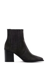 Black suede ankle boot with a pointed toe, high block heel, and vertical ribbed detailing on the back. Smooth texture overall.