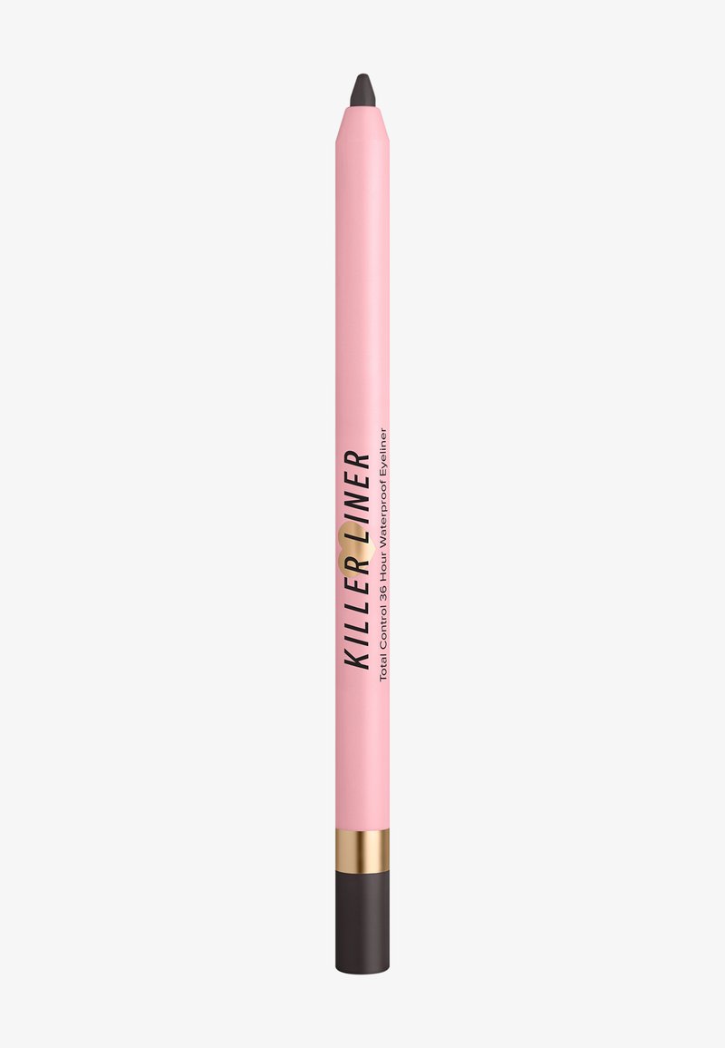 Rosa Eyeliner-Stift mit abgerundetem Ende, matter Textur, schwarzem Grund und goldenen Akzenten. Das Etikett lautet "KILLER LINER" in fetter Schrift.