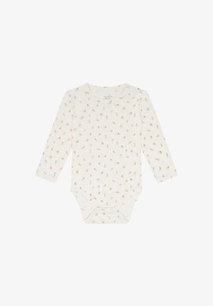 Body bianco per neonato a maniche lunghe con piccolo motivo floreale rosa, giallo e arancione, bottoni automatici sulla spalla e all'altezza dell'inguine.