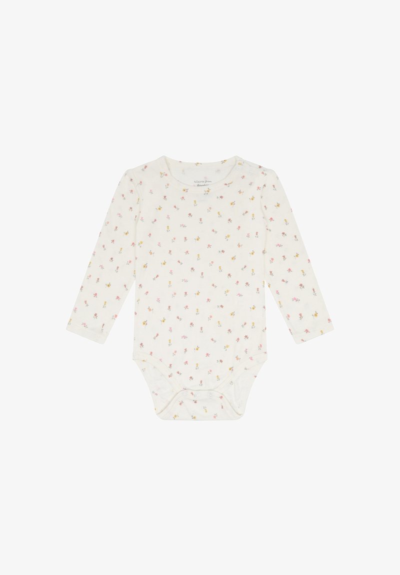 Body blanc à manches longues pour bébé avec un petit motif floral rose, jaune et orange, boutons-pression à l'épaule et à l'entrejambe.