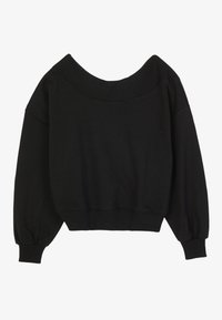 Musta lyhyt collegepaita, jossa leveä pääntie, pitkät liehulahkeet ja resorit hihansuuissa. Pehmeä kangas sileällä, mattapintaisella tekstuurilla.