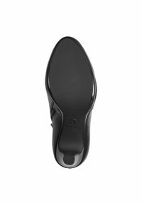 Sole di scarpa nera con tacco alto, finitura liscia, punta rotonda e motivo antiscivolo. L'etichetta mostra la misura 37 e il logo del marchio.