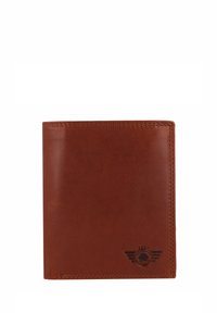 Portafoglio in pelle marrone con una texture liscia, forma rettangolare e bordi cuciti. Presenta un logo stampato con accenti a forma di ala.