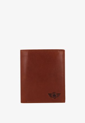 Portefeuille en cuir marron au toucher lisse, de forme rectangulaire et doté de bords cousus. Présente un logo estampé avec des accents d'ailes.