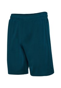 Pantalones cortos deportivos de color verde azulado oscuro, confeccionados en tejido texturizado, con una cinturilla elástica y sin hardware ni acentos visibles.