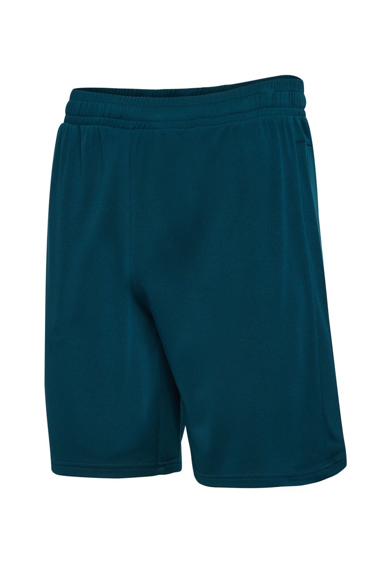 Pantalones cortos deportivos de color verde azulado oscuro, confeccionados en tejido texturizado, con una cinturilla elástica y sin hardware ni acentos visibles.
