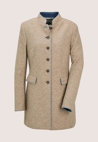 Beige wollen damesjas van een wolmix met staande kraag, zes knopen aan de voorkant, twee klepzakken en contrasterende marineblauwe voeringdetails.