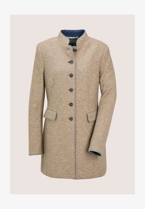 Beige Wollmischung Damenmantel mit Stehkragen, sechs vorderen Knöpfen, zwei Klappentaschen und kontrastierenden Innenfutterdetails in Marineblau.