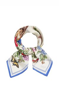 Šilkinis šalikas su gėlių ir drugelių dizainu, su mėlynu apvadu. Pagrindinės spalvos yra balta, rožinė, žalia ir geltona, su išsamiais raštais.
