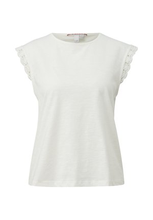 Weißes ärmelloses Oberteil mit rundem Ausschnitt und spitzenbesetzten Schultern, dargestellt vor einem schlichten weißen Hintergrund.