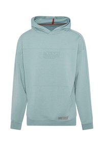 Heleheles sinine kapuutsiga sviiter, mis on valmistatud pehmest materjalist ja millel on ees tasku. Kleidil on tekstuuriga overlay ja väike silt helmel.