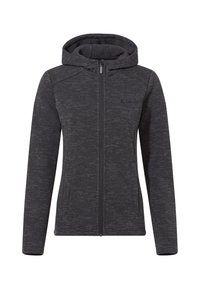 Donkergrijze fleece hoodie met volle rits, lange mouwen en zijzakken, met een subtiel gestructureerde stof en een klein borstlogo.