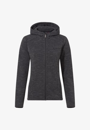 Dunkelgraue Fleecejacke mit durchgehendem Reißverschluss und Kapuze, langen Ärmeln und Seitentaschen, mit einem dezenten strukturierten Stoff und einem kleinen Brustlogo.
