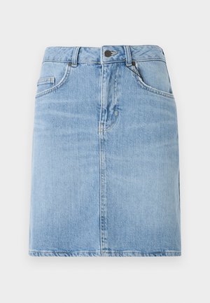 Lys blå denimskjørt med rett snitt, har frontlommer og knappelukking. Teksturert overflate med minimal falming.