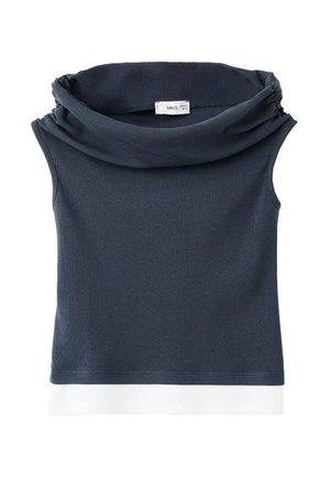 Haut sans manches bleu foncé avec un col drapé et un ourlet blanc, fabriqué en tissu tricot côtelé. Présente une étiquette à l'intérieur près du cou.