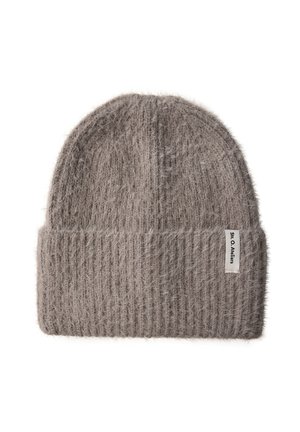 Bonnet en tricot gris fabriqué à partir d'un matériau doux et pelucheux. Présente un motif à côtes et une petite étiquette de marque cousue sur le côté.