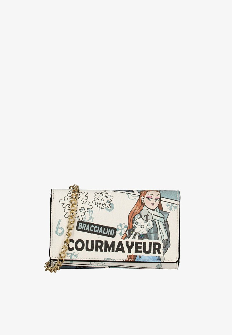 Portemonnee gemaakt van wit textuurmateriaal met een cartoonontwerp, kettingband en graphics waaronder sneeuwvlokken en de tekst "COURMAYEUR."