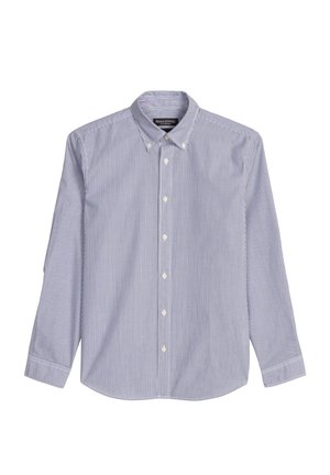 Camicia a maniche lunghe con bottoni, a righe verticali blu e bianche, colletto con bottoni e bottoni bianchi.