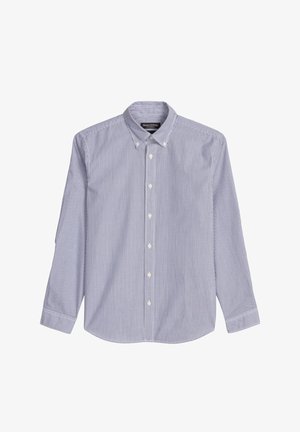 Camicia a maniche lunghe con bottoni, a righe verticali blu e bianche, colletto con bottoni e bottoni bianchi.