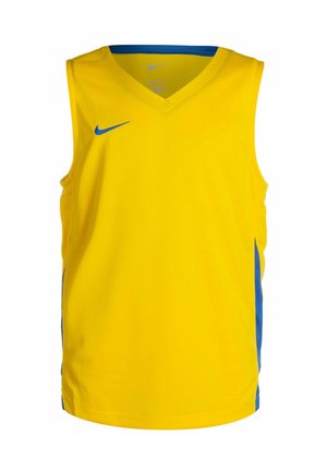 Maillot de basketball Nike, jaune avec des accents latéraux bleus, sans manches, design en V, fabriqué en tissu léger, texture lisse.