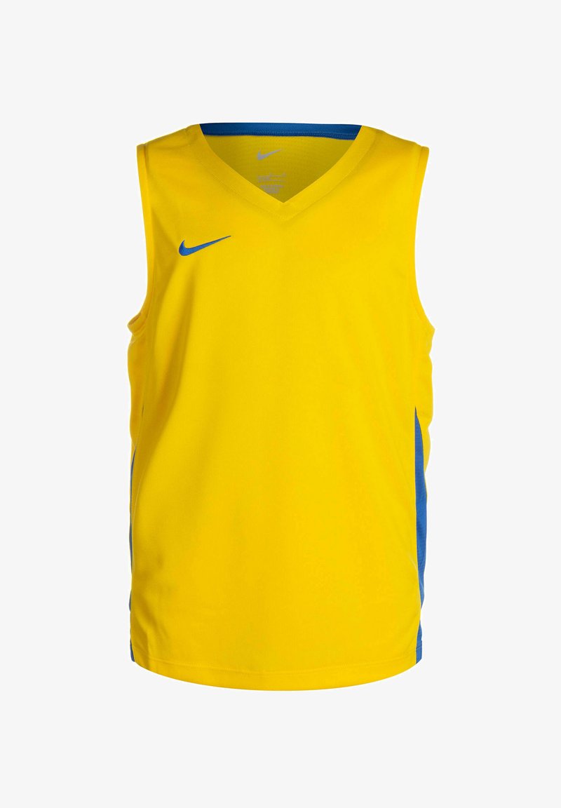 Maillot de basketball Nike, jaune avec des accents latéraux bleus, sans manches, design en V, fabriqué en tissu léger, texture lisse.