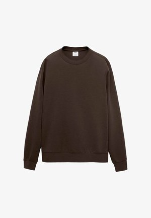 Smeđa dukserica izrađena od mekog materijala, sa okruglim izrezom, dugim rukavima i rebrastim manžetama i donjim rubom za usklađen izgled.