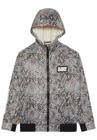 Hooded jacket with a white and grey snake print, front zip closure, warm interior lining, and black cuffs and hem accents.