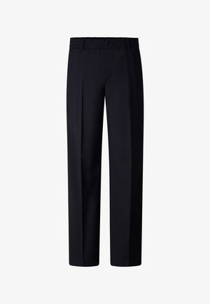 Černé kalhoty s rovnými nohavicemi, elastickým pasem a poutky na pásek, s ozdobným předním skladem a na míru střižené.