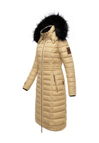 Beige pufferjakke med en sort faux fur hætte, lodret syning, lynlåslommer på siden og en tætsiddende silhuet.