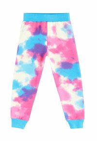 Dresy tie-dye w odcieniach różu, niebieskiego i purpury z ryflowanym turkusowym pasem i mankietami. Wykonane z miękkiego, elastycznego materiału.