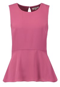 Vaaleanpunainen hihaton toppi, jossa on peplum-helma, sileä kangas, avainreiän muotoinen selkäosa ja pyöreä kaula-aukko. Yksinkertainen ja istuva malli.
