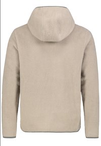 Veste polaire beige à manches longues avec capuche, vue de dos, présentant un tissu doux et texturé ainsi qu'un design simple.