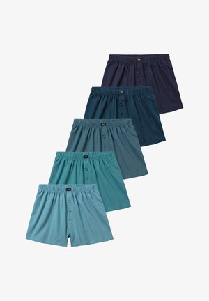 Set van boxershorts bestaande uit vijf stukken in een donkerblauw tot teal gradient. Elk heeft een elastische tailleband en twee knopen aan de voorkant.