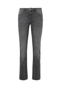 Jeans rectos grises hechos de denim, con un diseño de cinco bolsillos, cierre de botón y un ligero desvanecimiento para dar textura.