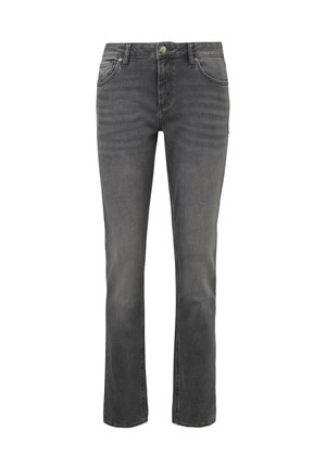Grijze rechte jeans gemaakt van denim, met een vijfzakkenontwerp, een knoopsluiting en subtiele vervaging voor textuur.