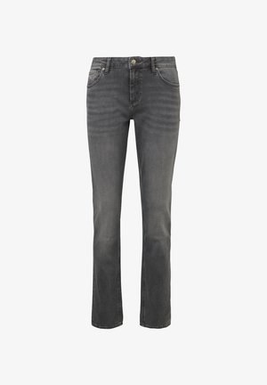 Pilki tiesaus sijono džinsai, pagaminti iš džinsinio audinio, su penkių kišenių dizainu, sagčių uždarymu ir subtiliais nudėvėjimo ženklais, suteikiančiais tekstūros.