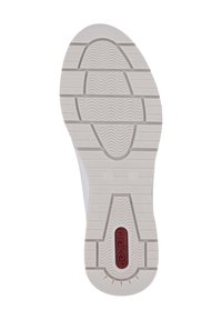 Semelle de chaussure blanche avec des rainures texturées, arborant un logo rouge. Elle a un talon arrondi et un motif de grip ample pour la traction. Design épuré.