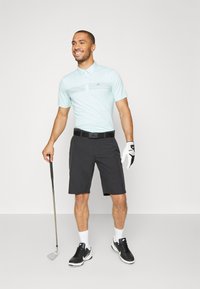 Hellblaues Polo-Shirt mit dezentem geometrischen Muster, schwarze Shorts, schwarz-weiße Golfschuhe, hält einen Golfschläger und trägt einen weißen Handschuh.