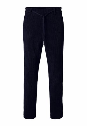 Donker marineblauwe corduroy broek met slim fit, elastische tailleband, riemlussen en een frontale trekkoordsluiting.