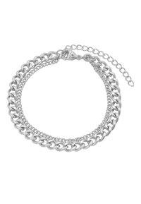 Bracciale in metallo argentato con molteplici anelli interconnessi, di spessore variabile, dotato di chiusura a gancio e catena regolabile.