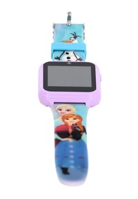 Orologio digitale con cassa in plastica viola e cinturino multicolore con personaggi animati di Frozen. Materiale in silicone liscio.