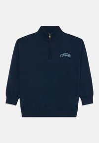 Maglione lavorato a maglia blu navy con colletto alto, design con zip a metà, polsini e orlo a coste, con "VINGINO" ricamato in azzurro.