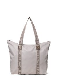 Duża beżowa torba na ramię wykonana z gładkiego materiału, z dwiema plecionymi rączkami z napisem "ET DAY" oraz zamkiem błyskawicznym u góry dla zapewnienia bezpiecznego dostępu.