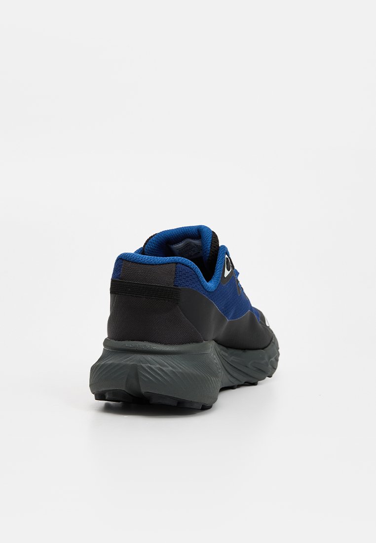 Chaussure de sport bleue et noire inclinée pour montrer le talon rembourré, la semelle grise épaisse et la languette de traction au talon sur fond blanc.